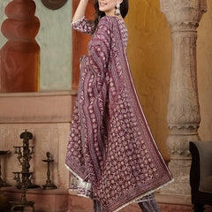 Stylum Women's Floral Printed Cotton Blend Angrakha Kurta Pant Dupatta Set (KPDWINEBHAVI)