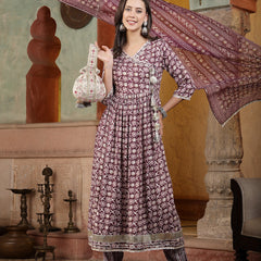 Stylum Women's Floral Printed Cotton Blend Angrakha Kurta Pant Dupatta Set (KPDWINEBHAVI)