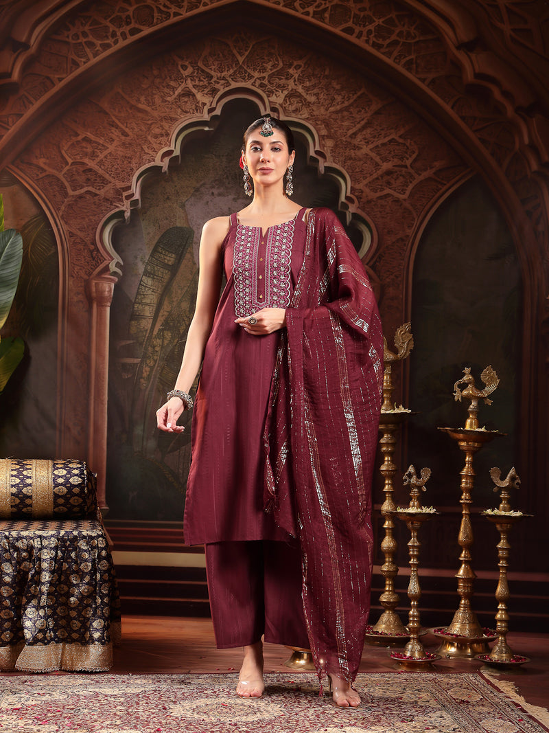 Stylum Women's Wine Woven Design & Embroidered Cotton Blend Straight Kurta Palazzo Dupatta Set (KPDWINEBOHRA)