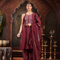 Stylum Women's Wine Woven Design & Embroidered Cotton Blend Straight Kurta Palazzo Dupatta Set (KPDWINEBOHRA)