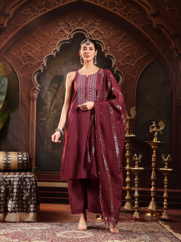 Stylum Women's Wine Woven Design & Embroidered Cotton Blend Straight Kurta Palazzo Dupatta Set (KPDWINEBOHRA)