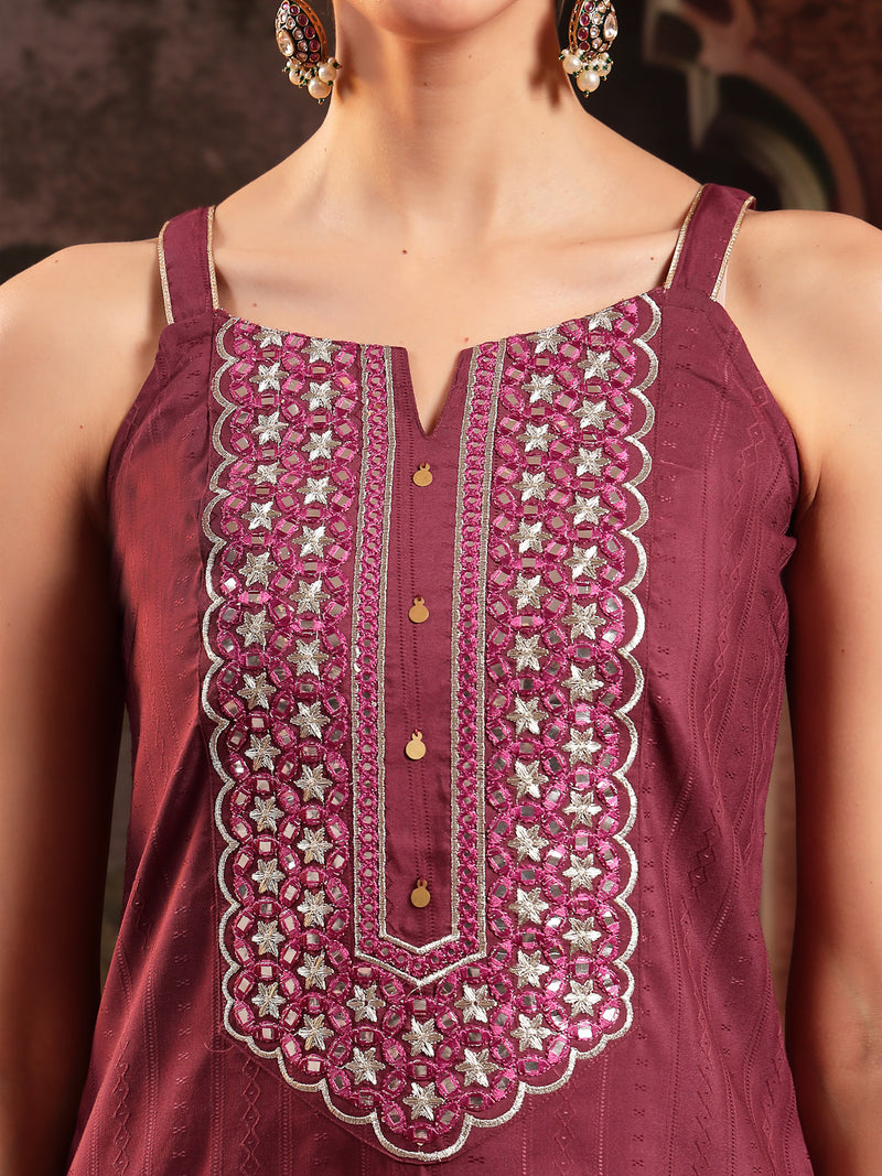 Stylum Women's Wine Woven Design & Embroidered Cotton Blend Straight Kurta Palazzo Dupatta Set (KPDWINEBOHRA)