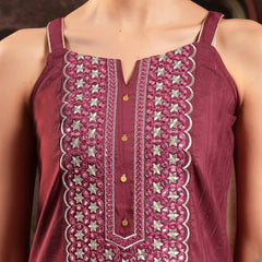 Stylum Women's Wine Woven Design & Embroidered Cotton Blend Straight Kurta Palazzo Dupatta Set (KPDWINEBOHRA)