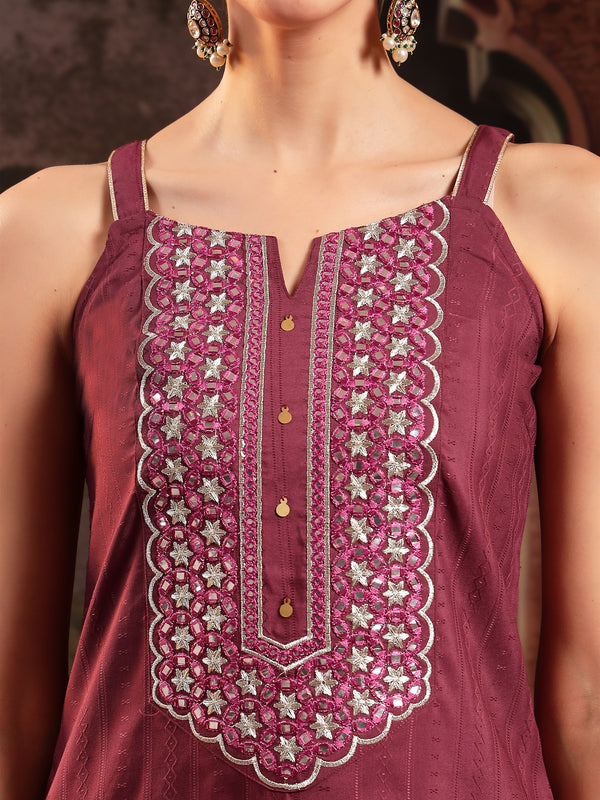 Stylum Women's Wine Woven Design & Embroidered Cotton Blend Straight Kurta Palazzo Dupatta Set (KPDWINEBOHRA)