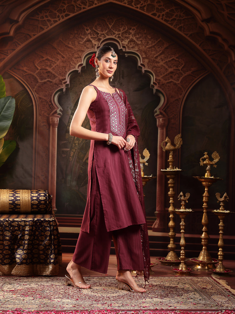 Stylum Women's Wine Woven Design & Embroidered Cotton Blend Straight Kurta Palazzo Dupatta Set (KPDWINEBOHRA)