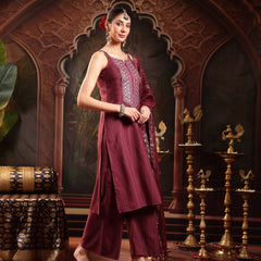 Stylum Women's Wine Woven Design & Embroidered Cotton Blend Straight Kurta Palazzo Dupatta Set (KPDWINEBOHRA)