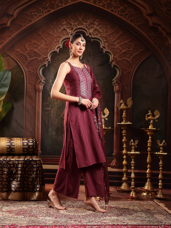 Stylum Women's Wine Woven Design & Embroidered Cotton Blend Straight Kurta Palazzo Dupatta Set (KPDWINEBOHRA)
