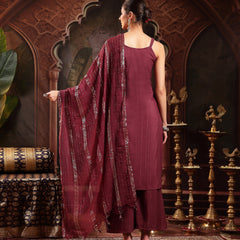 Stylum Women's Wine Woven Design & Embroidered Cotton Blend Straight Kurta Palazzo Dupatta Set (KPDWINEBOHRA)