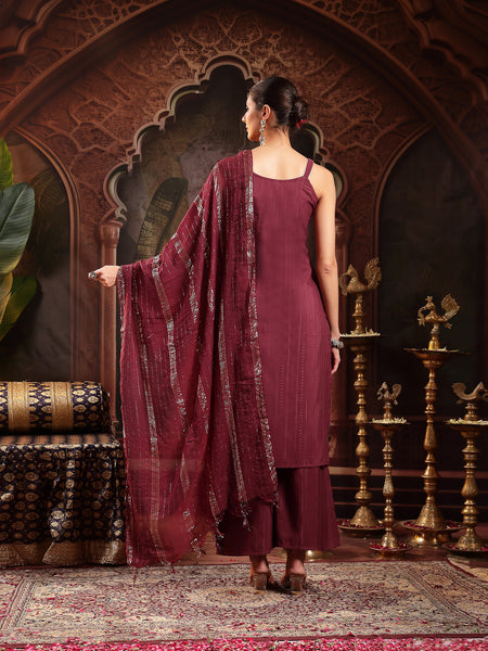 Stylum Women's Wine Woven Design & Embroidered Cotton Blend Straight Kurta Palazzo Dupatta Set (KPDWINEBOHRA)