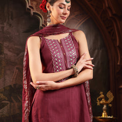 Stylum Women's Wine Woven Design & Embroidered Cotton Blend Straight Kurta Palazzo Dupatta Set (KPDWINEBOHRA)