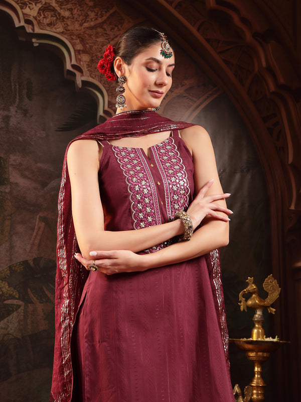 Stylum Women's Wine Woven Design & Embroidered Cotton Blend Straight Kurta Palazzo Dupatta Set (KPDWINEBOHRA)