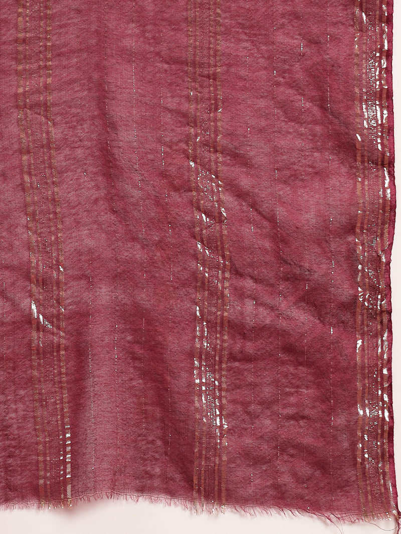 Stylum Women's Wine Woven Design & Embroidered Cotton Blend Straight Kurta Palazzo Dupatta Set (KPDWINEBOHRA)