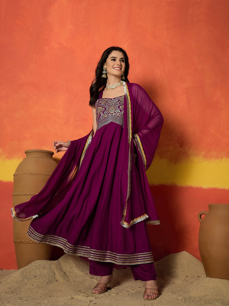 Stylum Women's Wine Solid & Embroidered Rayon Anarkali Kurta Pant Dupatta Set (KPDWINECONNECT)