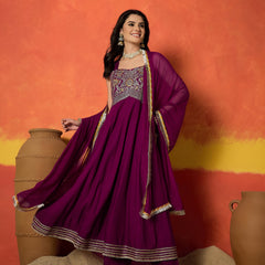 Stylum Women's Wine Solid & Embroidered Rayon Anarkali Kurta Pant Dupatta Set (KPDWINECONNECT)