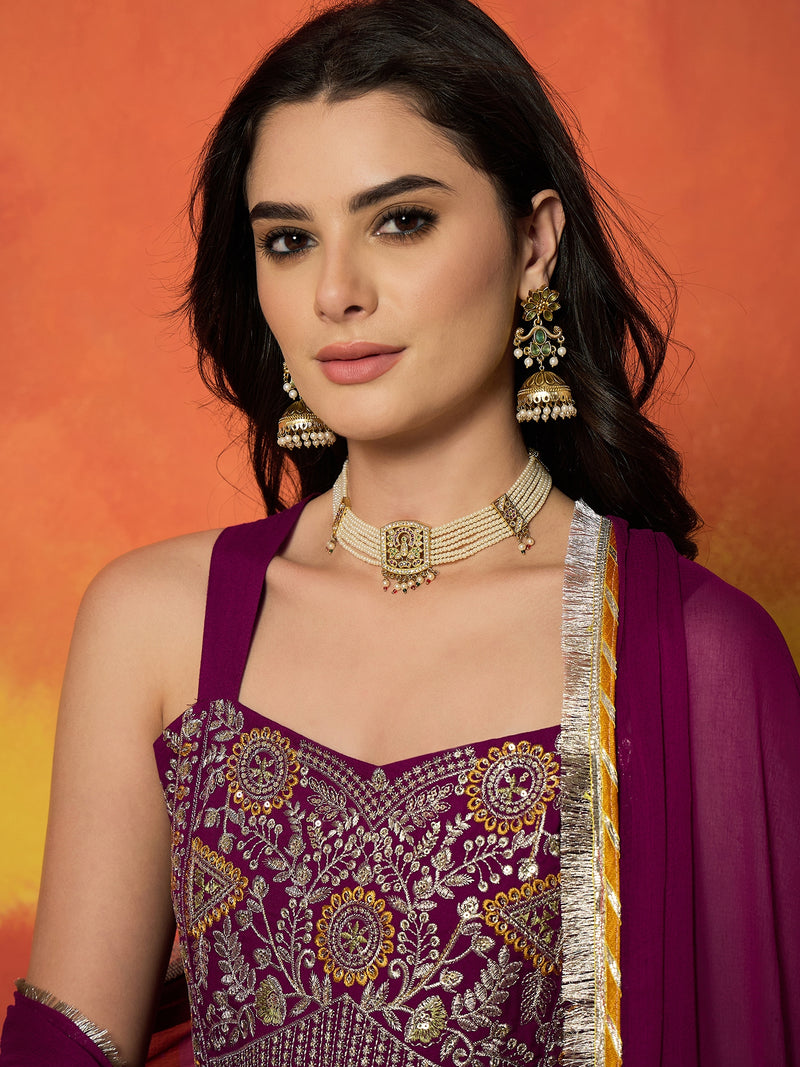 Stylum Women's Wine Solid & Embroidered Rayon Anarkali Kurta Pant Dupatta Set (KPDWINECONNECT)
