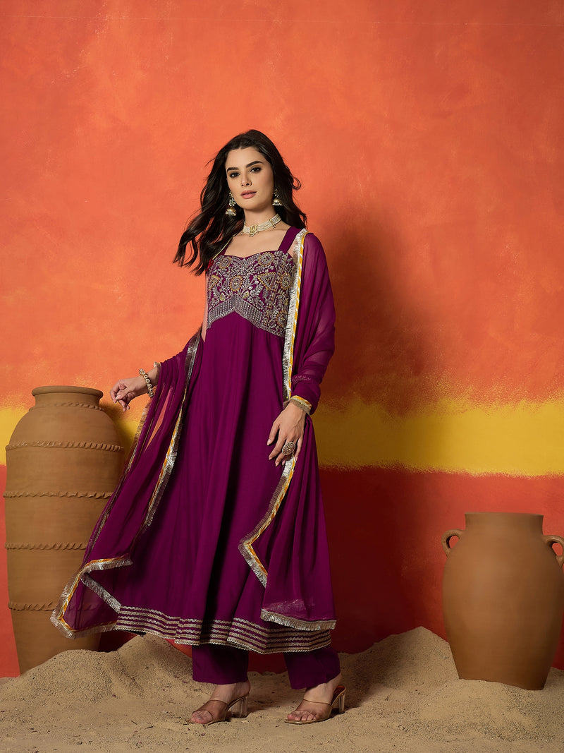 Stylum Women's Wine Solid & Embroidered Rayon Anarkali Kurta Pant Dupatta Set (KPDWINECONNECT)