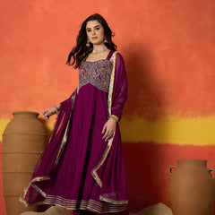 Stylum Women's Wine Solid & Embroidered Rayon Anarkali Kurta Pant Dupatta Set (KPDWINECONNECT)