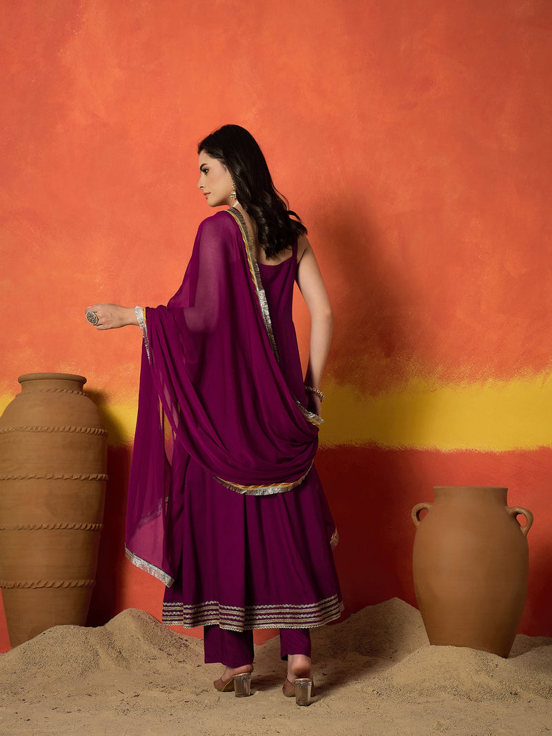 Stylum Women's Wine Solid & Embroidered Rayon Anarkali Kurta Pant Dupatta Set (KPDWINECONNECT)
