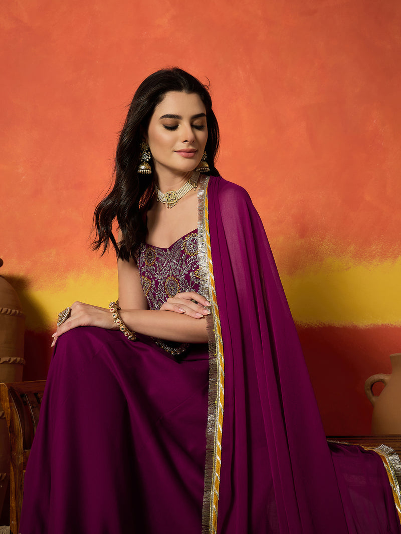 Stylum Women's Wine Solid & Embroidered Rayon Anarkali Kurta Pant Dupatta Set (KPDWINECONNECT)