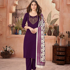 Stylum Women's Violet Solid & Embroidered Crepe Straight Kurta Pant Dupatta Set (KPDWINEFOCUS)