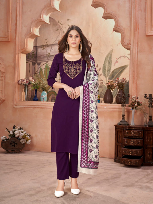 Stylum Women's Violet Solid & Embroidered Crepe Straight Kurta Pant Dupatta Set (KPDWINEFOCUS)