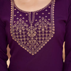 Stylum Women's Violet Solid & Embroidered Crepe Straight Kurta Pant Dupatta Set (KPDWINEFOCUS)