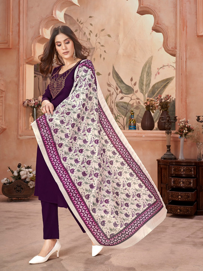 Stylum Women's Violet Solid & Embroidered Crepe Straight Kurta Pant Dupatta Set (KPDWINEFOCUS)