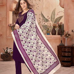 Stylum Women's Violet Solid & Embroidered Crepe Straight Kurta Pant Dupatta Set (KPDWINEFOCUS)