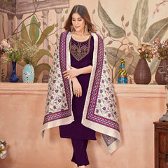 Stylum Women's Violet Solid & Embroidered Crepe Straight Kurta Pant Dupatta Set (KPDWINEFOCUS)