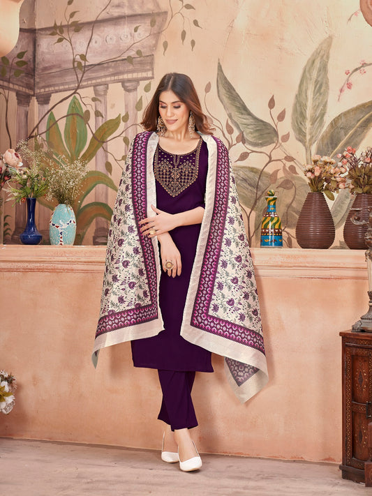 Stylum Women's Violet Solid & Embroidered Crepe Straight Kurta Pant Dupatta Set (KPDWINEFOCUS)