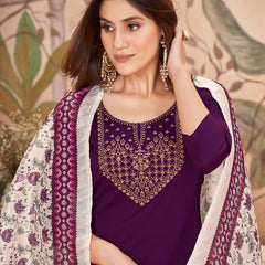 Stylum Women's Violet Solid & Embroidered Crepe Straight Kurta Pant Dupatta Set (KPDWINEFOCUS)