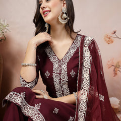 Stylum Women's Wine Ethnic Motif Khadi Printed & Embroidered Rayon Straight Kurta Pant Dupatta Set (KPDWINEGAJEEBO)
