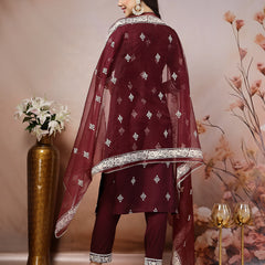 Stylum Women's Wine Ethnic Motif Khadi Printed & Embroidered Rayon Straight Kurta Pant Dupatta Set (KPDWINEGAJEEBO)