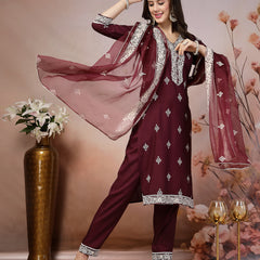 Stylum Women's Wine Ethnic Motif Khadi Printed & Embroidered Rayon Straight Kurta Pant Dupatta Set (KPDWINEGAJEEBO)