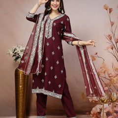 Stylum Women's Wine Ethnic Motif Khadi Printed & Embroidered Rayon Straight Kurta Pant Dupatta Set (KPDWINEGAJEEBO)
