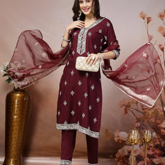 Stylum Women's Wine Ethnic Motif Khadi Printed & Embroidered Rayon Straight Kurta Pant Dupatta Set (KPDWINEGAJEEBO)
