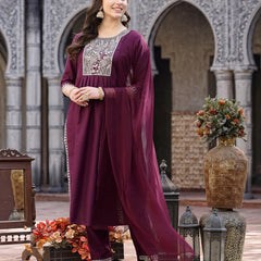 Stylum Women's Solid & Embroidered Cotton Blend Naira Cut Kurta Pant Dupatta Set (KPDWINEHARSHIL)