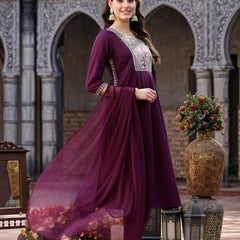 Stylum Women's Solid & Embroidered Cotton Blend Naira Cut Kurta Pant Dupatta Set (KPDWINEHARSHIL)