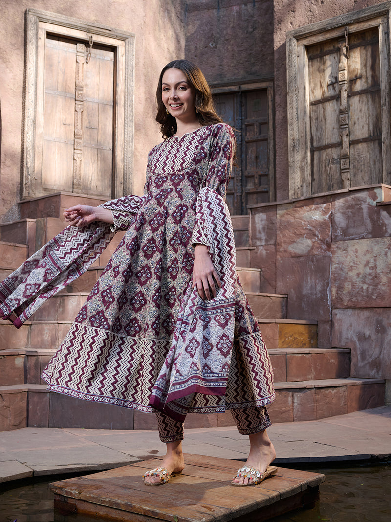 Stylum Women's Wine Ajrak Printed Cotton Anarkali Kurta Pant Dupatta Set (KPDWINEICON)