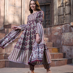 Stylum Women's Wine Ajrak Printed Cotton Anarkali Kurta Pant Dupatta Set (KPDWINEICON)