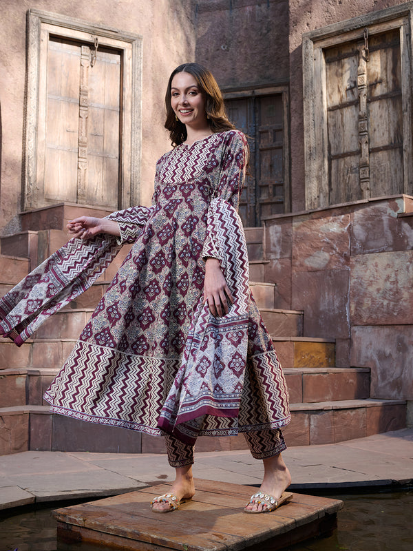Stylum Women's Wine Ajrak Printed Cotton Anarkali Kurta Pant Dupatta Set (KPDWINEICON)
