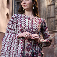 Stylum Women's Wine Ajrak Printed Cotton Anarkali Kurta Pant Dupatta Set (KPDWINEICON)