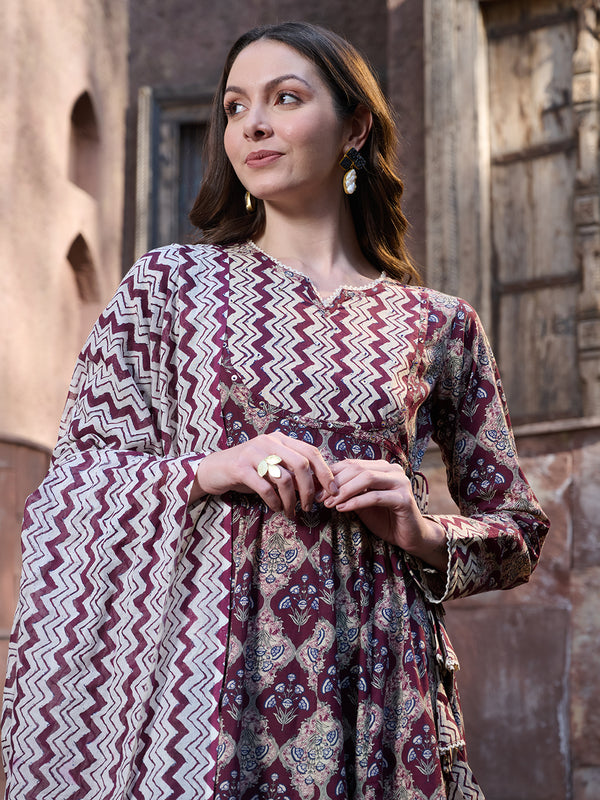 Stylum Women's Wine Ajrak Printed Cotton Anarkali Kurta Pant Dupatta Set (KPDWINEICON)