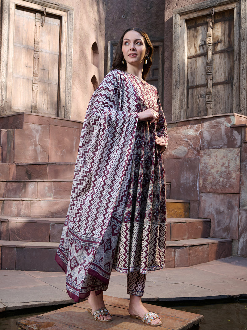 Stylum Women's Wine Ajrak Printed Cotton Anarkali Kurta Pant Dupatta Set (KPDWINEICON)