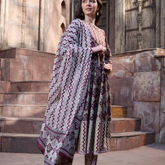 Stylum Women's Wine Ajrak Printed Cotton Anarkali Kurta Pant Dupatta Set (KPDWINEICON)
