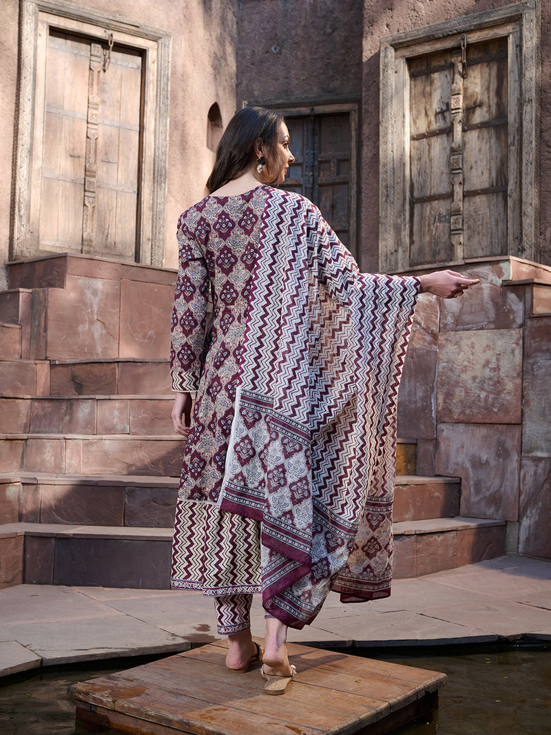 Stylum Women's Wine Ajrak Printed Cotton Anarkali Kurta Pant Dupatta Set (KPDWINEICON)