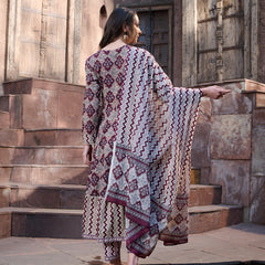 Stylum Women's Wine Ajrak Printed Cotton Anarkali Kurta Pant Dupatta Set (KPDWINEICON)