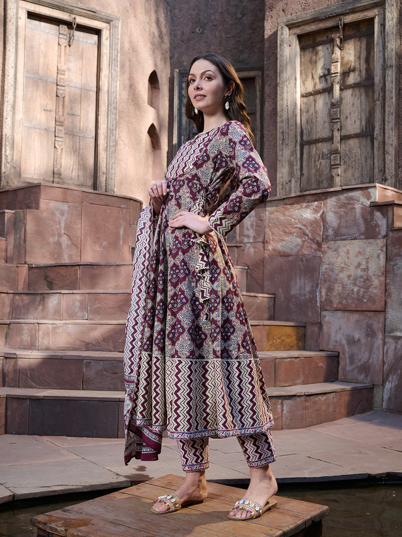 Stylum Women's Wine Ajrak Printed Cotton Anarkali Kurta Pant Dupatta Set (KPDWINEICON)