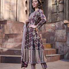 Stylum Women's Wine Ajrak Printed Cotton Anarkali Kurta Pant Dupatta Set (KPDWINEICON)