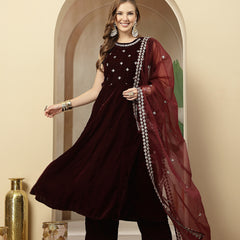 Stylum Women's Wine Solid & Embellished Velvet Anarkali Kurta Pant Dupatta Set (KPDWINEJINI)